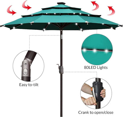EliteShade USA 10-Year-Non-Fading Solar 9ft 3 Tiers Market Umbrella with 80 LED Lights Patio Umbrellas Outdoor Table with Ventilation,Teal