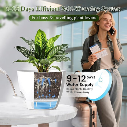 Plant Pots, 1 Pack 12 Inch Self Watering Pots with Drainage Holes, Water Level Indicator Deep Reservoir, Large Planters for Indoor Outdoor Plants - White