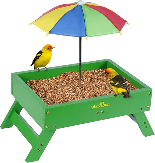 MIXXIDEA Ground Bird Feeder for Outdoors Bird&Squirrel Feeder Wooden Chicken Picnic Table Platform Feeder Wild Bird Feed Crow Feeder for Outside with 5 LBS Capacity