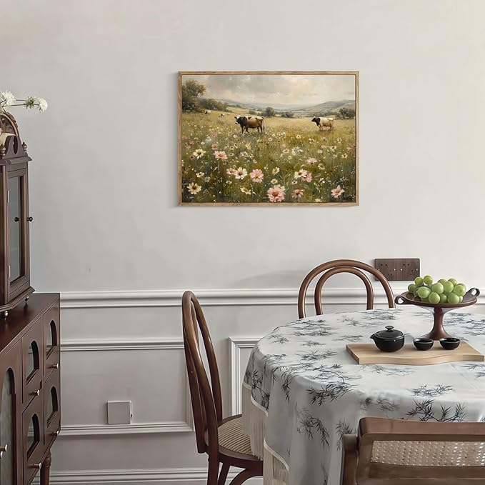 Vintage Canvas Wall Art Cow and Flowers Wall Decor Landscape Countryside Wildflowers Oil Painting Farmhouse Picture Modern Print Rustic Floral Prints for Living Room Bedroom Bathroom 12x16 Inch Framed