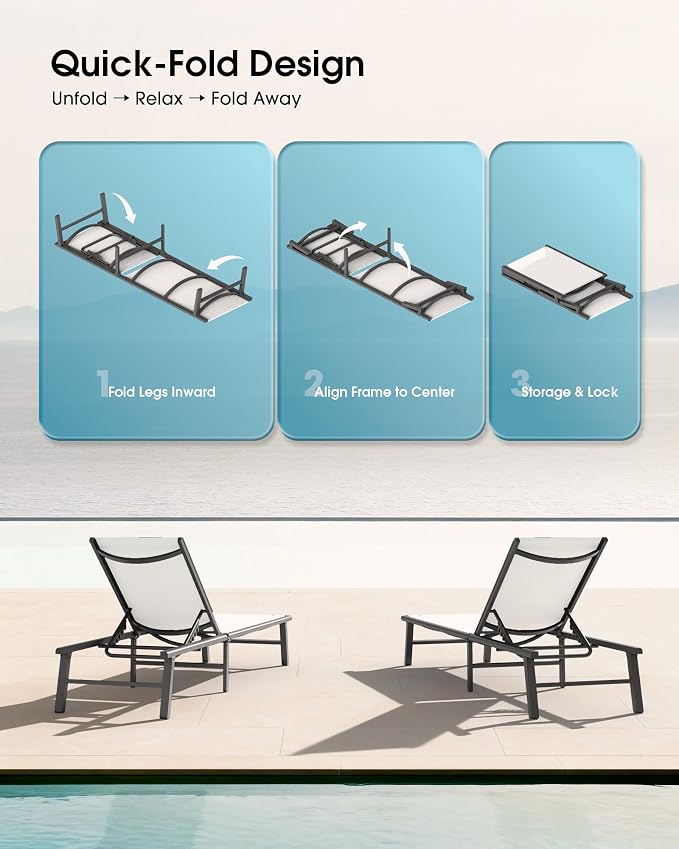 Ciokea Foldable Outdoor Lounge Chair Set of 2, No Assembly Aluminum Chaise Lounge Outdoor with 5 Adjustable Positions, Pool Lounge Chairs with Portable Design for Pool, Deck, Beach, Patio (White)
