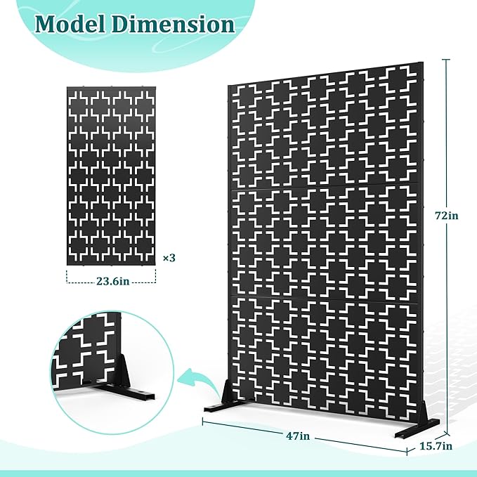 Metal Privacy Screen Outdoor Privacy Screen, Freestanding Fence Panel for Outside, 72''H×47''W, Decorative Screen Panel for Backyard/Patio/Deck