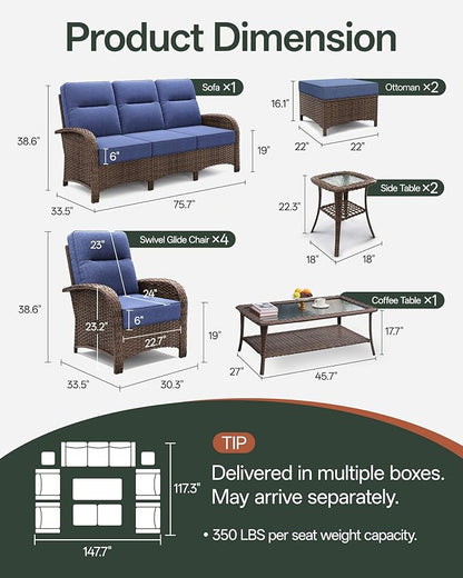 10-Piece Patio Furniture Set with 6-Inch Thick Cushions, High Back Outdoor Couch and Arm Chairs, All-Weather Conversation Set for Porch, Deck, Yard, Pool in Blue