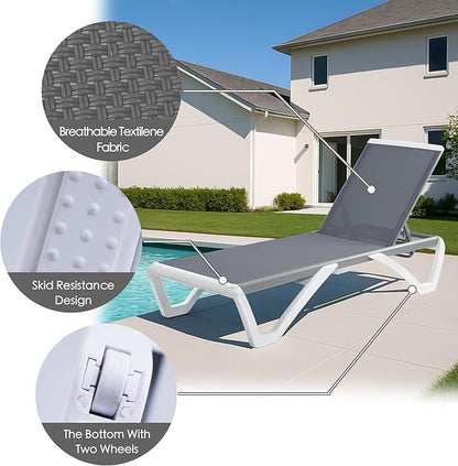 Kozyard Outdoor Chaise Lounge Chair, Fully Flat Adjustable Patio Lounger with Aluminum Frame & Resin Legs, Textilene Fabric for Poolside, Backyard & Beach (Gray)