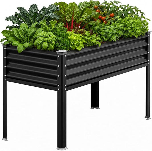 Raised Garden Bed with Legs, 48×24×32in Galvanized Raised Garden Beds Outdoor Elevated Metal Planter Box for Gardening Vegetables Flowers Herb-Black