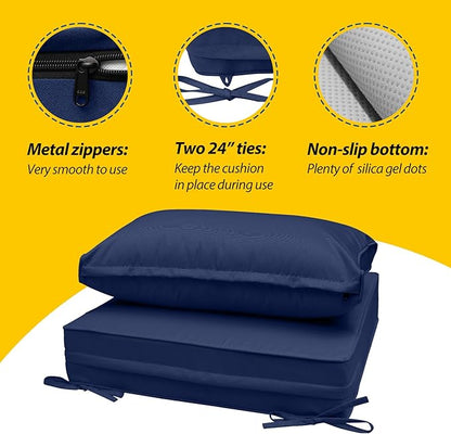 AAAAAcessories Outdoor Seat Cushions for Chairs, Fade-Resistant, Waterproof Patio Furniture Replacement Cushions, 23.5" x 25.5" x 5" + 23.5" x 13.5", Navy Blue