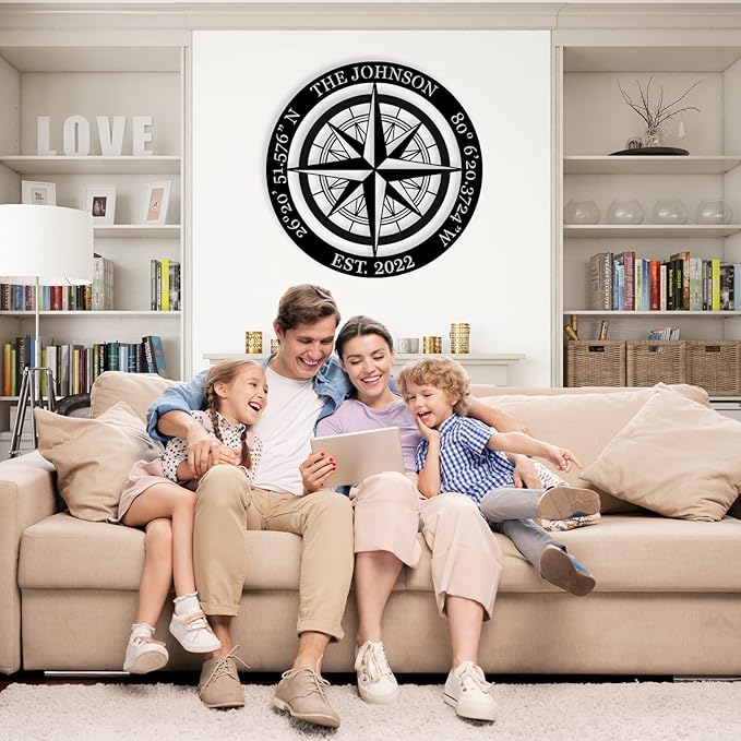 Nautical Wall Decor, Nautical Compass GPS Coordinates Metal Sign with Last Name Date, Metal Compass Decor, Personalized Outdoor Family Name Sign, Housewarming Gift
