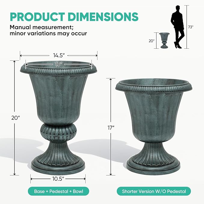 Athena Collection 20''H Garden Plastic Urn Vintage Tall Planter Urn Patio Large Flower Pot Porch Planter Large Planter for Indoor Outdoor Plant, Dark Green