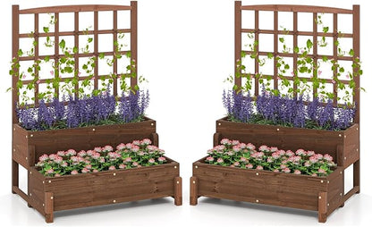 Giantex 2 Pcs Raised Garden Bed with Legs and Trellis, 2-Tier Standing Planter Box with Drain Holes, Outdoor Elevated Garden Trellis for Vine Climbing, Flower Vegetable Fruit Herb Growing