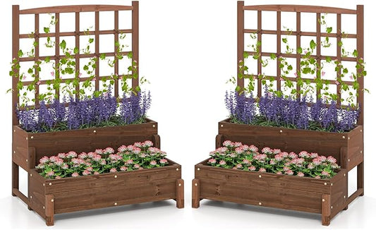 Giantex 2 Pcs Raised Garden Bed with Legs and Trellis, 2-Tier Standing Planter Box with Drain Holes, Outdoor Elevated Garden Trellis for Vine Climbing, Flower Vegetable Fruit Herb Growing