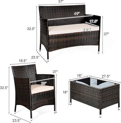 HAPPYGRILL 4-Piece Patio Furniture Set Outdoor Rattan Wicker Conversation Set with Cushioned Sofa and Coffee Table for Porch Backyard Garden Poolside