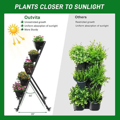 5 Tier Vertical Raised Garden Bed,Plastic & Metal Tiered Planter Stand,Foldable Indoor/Outdoor Plant Display Rack,Flower Planter Raised Stand,with Wheels,for Patio Lawn Porch Yard Balcony (Black)