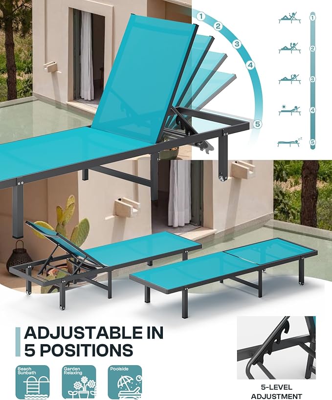 Pool Lounge Chairs Set of 2，Outdoor Lounge Chairs with Wheels and 5-Position Recliner -Easy to Move- Aluminum Patio Lounge Chair for Poolside, Deck (Lakeblue)