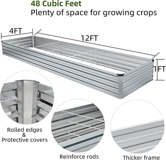 Meberam 2 Pack 12x4x1FT Galvanized Raised Garden Beds Kit Outdoor Metal Gardening Planter Box for Vegetable Elevated Flower Herbs,Silver
