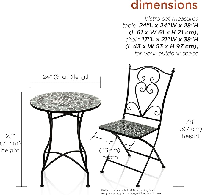 Alpine Corporation Indoor/Outdoor Marbled Glass Mosaic 3-Piece Bistro Set Folding Table and Chairs Patio Seating