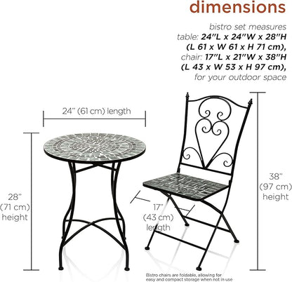 Alpine Corporation Indoor/Outdoor Marbled Glass Mosaic 3-Piece Bistro Set Folding Table and Chairs Patio Seating