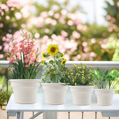 Pottiffe 16 inch Plastic-Flower-Pot-for-Indoor-Plants, 4 Pack Large Outdoor Planter Pot with Drainage Holes & Saucers, Resin Decorative Garden Pots Planters