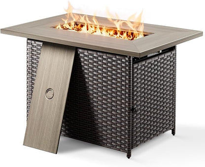 Patio Furniture Set with Fire Pit Table, 6PCS Patio Conversation Set Brown Resin Wicker Patio Chair Sofa Ottoman with 41in Rectangular Outdoor Fire Table PE Rattan Furniture Set