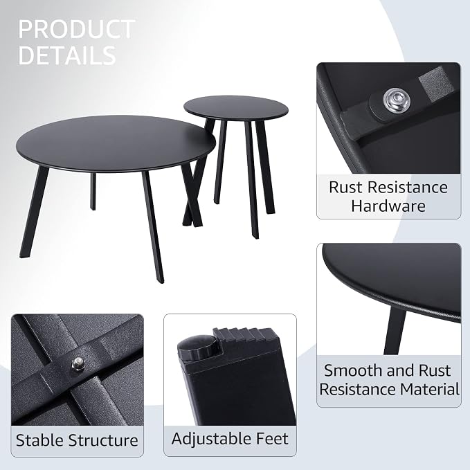 Meluvici Outdoor Patio Coffee Table Set of 2, Weather Resistant End Table, Round Nesting Tables for Living Room Balcony Office,Black
