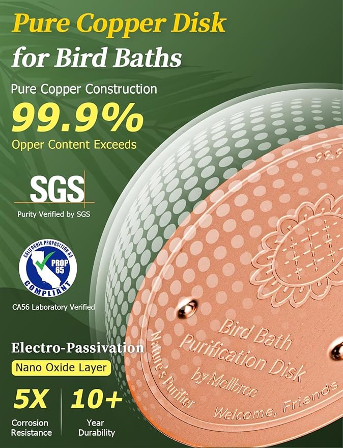 Mellbree 4-Pack Bird Bath Copper Disc, 0.6mm Reinforced 99.99% Pure Copper Cleaning Disk with Triple-Point Support for Physical Safe Clean Water All-Season (Sunflower)