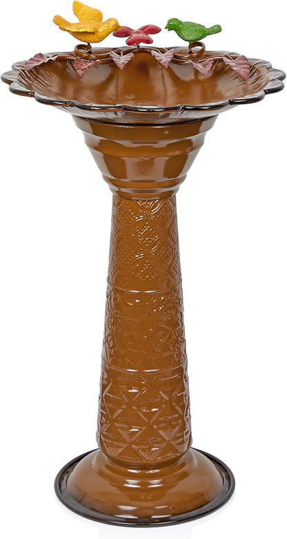 Alpine Corporation ORS112BR Vintage Outdoor Shallow Bowl Metal Pedestal Birdbath with Stand, 28" H, Brown