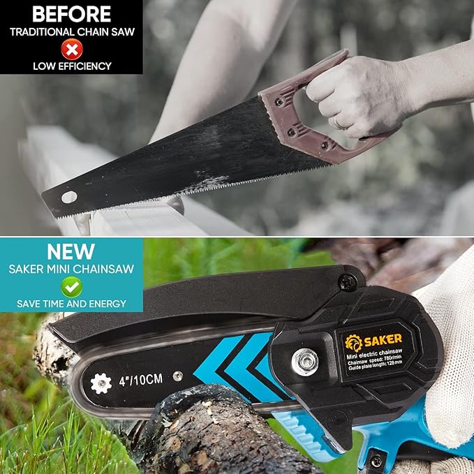 Saker Mini Chainsaw,Portable Electric Cordless Chainsaw,Battery Powered,Small Power Handheld Chain Saws Pruning Shears for Tree Branches,Gifts for Men Women(2 Batteries&3 Chains)