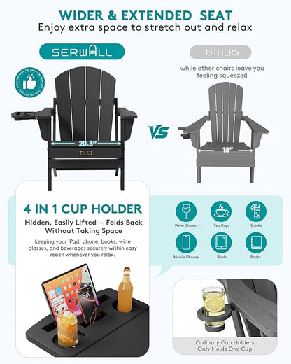 SERWALL Foldable Adirondack Chair Set of 2, Adirondack Chairs with 4 in 1 Multi-Functional Cup Holder, Weather Resistant Plastic Chair for Patio Garden Outdoors Fire Pit-Blue
