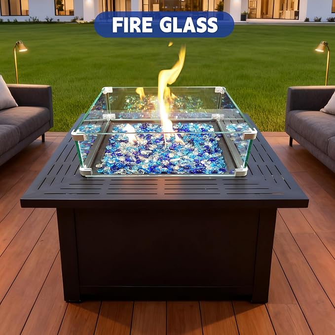 10 Pounds Fire Glass Rocks, 3/4 Mixed Color Fire Glass Beads for Propane Fire Pit, Fireplace and Outdoor Decorative (Caribbean Blue+Cobalt Blue+Crystal Ice)