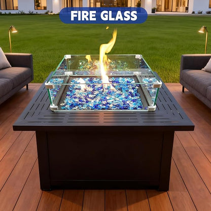 10 Pounds Fire Glass Rocks, 3/4 Mixed Color Fire Glass Beads for Propane Fire Pit, Fireplace and Outdoor Decorative (Caribbean Blue+Cobalt Blue+Crystal Ice)