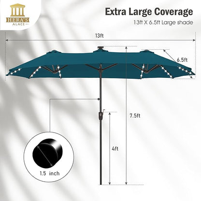 HERA'S PALACE 13ft Patio Umbrella with 120 LED Solar Lights Double Sided Outdoor Umbrella for Patio 8 Colors Changing Table Umbrella Outdoor Patio for Garden Pool