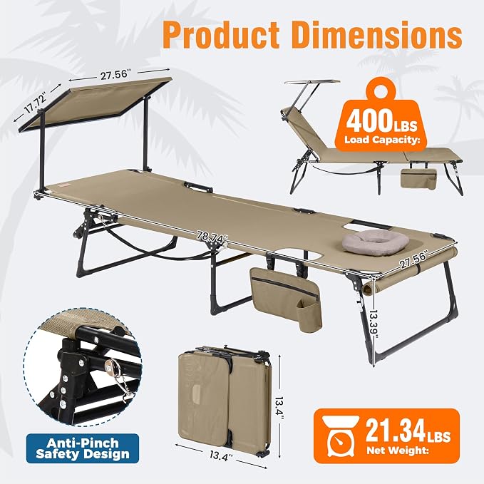 Tanning Chair with Face Hole & Canopy, 28'' Extra Wide, Beige | Folding Chaise Lounge Chair with 4-Position Adjustable Backrest for Beach, Pool, Patio & Camping