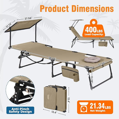 Tanning Chair with Face Hole & Canopy, 28'' Extra Wide, Beige | Folding Chaise Lounge Chair with 4-Position Adjustable Backrest for Beach, Pool, Patio & Camping