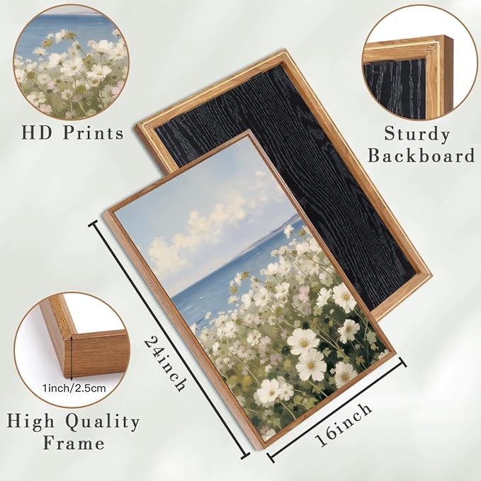 Anyzal Large Farmhouse Flower Framed Wall Art 16x24 Inch Coastal Wildflower Canvas Wall Decor Modern Landscape Painting for Living Room Bedroom Dining Room Set of 3