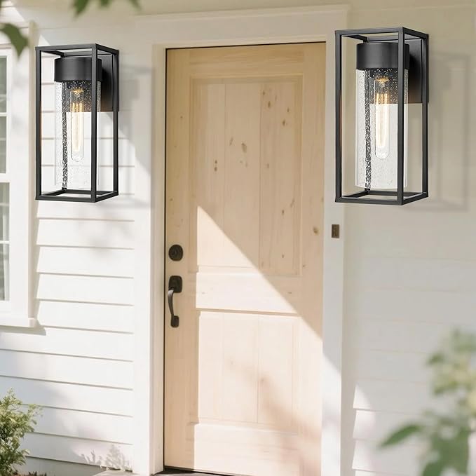 Bestshared Outdoor Modern Wall Light, Exterior Wall Mount Lights, Outdoor Lighting Fixture, Porch Sconce Light with Seeded Glass, Lantern Lamp for Patio, Entryway,Garage (Black, 13" H)