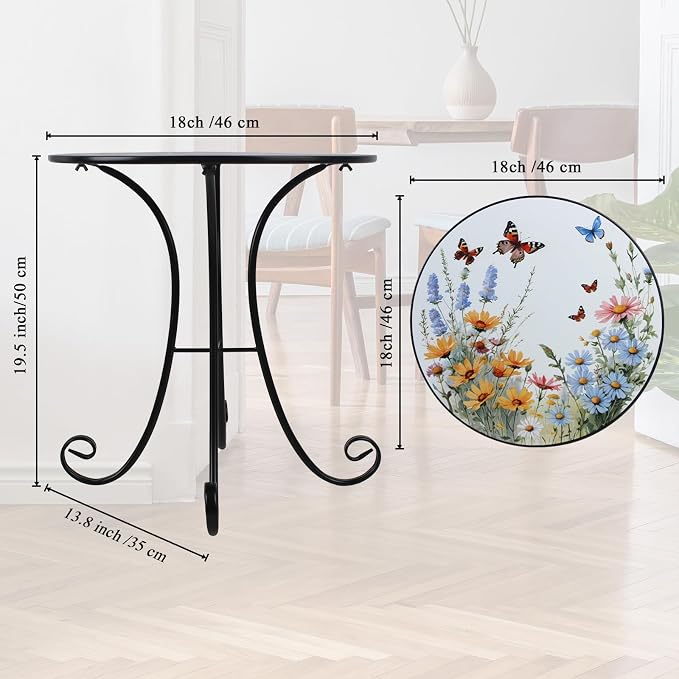 Outdoor Side Table, Flower & Butterfly Round Accent Table, Metal Indoor Small End Tables, 18" Plant Stand Tables for Patio Balcony Garden Bedside