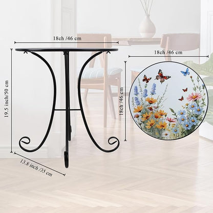 Outdoor Side Table, Flower & Butterfly Round Accent Table, Metal Indoor Small End Tables, 18" Plant Stand Tables for Patio Balcony Garden Bedside