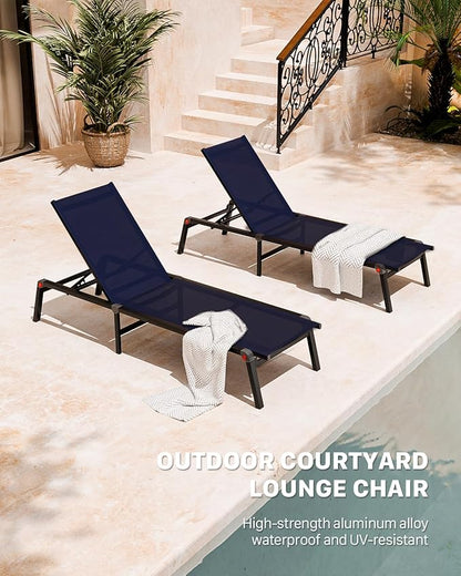 Aluminum Chaise Foldable Patio Lounge Chair Outdoor, Deck Lounger Adjustable 5-Position Recliner Pool Chase Breathable Full Flat Outside Sun Tanning Chairs for Beach/Poolside/Lawn(Navy Blue, 1Pack)