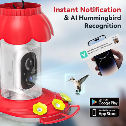 Upgrated Solar Hummingbird Feeder with Camera for Outdoors, Instant Notifications, AI Identify Bird Species, Double Ant Moat, Bee Proof, 3 Feeding Ports Hummingbird Feeders for Garden, Yard