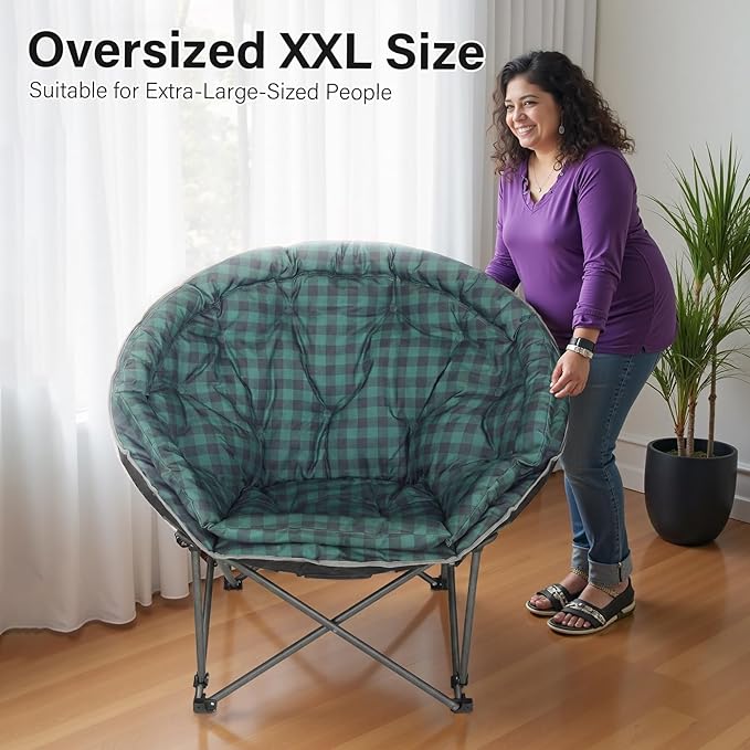 Oversized XXL Folding Round Camping Chair,Super Comfy Padded Moon Camp Chairs,Heavy Duty Supports 200 Kg Outdoor Lawn Chairs for Adults,Perfect for Indoor,Family Camping,Hiking,Picnics and Garden