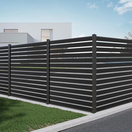 Mondaria Aluminum Privacy Fence Panels for Outside, 6ft(W) x 6ft(H) Horizontal Lattice Fence with 2 No-dig Posts, Wind Resistant Decorative Fencing Panels for Yard, Patio & Pool (Black)