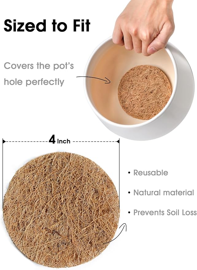 LE TAUCI Coconut Coir Drainage Mesh Pads for Flower Pots, Pre-Cut 4 Inch Pot Hole Covers to Prevent Soil Loss, Natural Coir Fiber Liners for Indoor & Outdoor Planters, 10 Pack