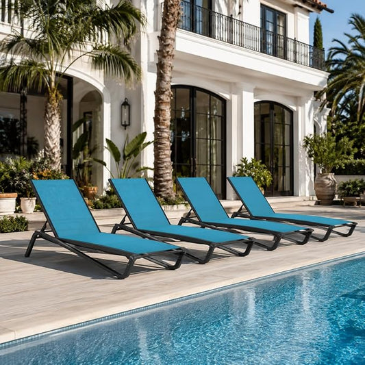 Patio Chaise Lounge Chairs Set of 4, All-Weather Aluminum Pool Loungers for Outside, 5-Position Adjustable Sunbathing Chairs for Tanning, Stackable for Backyard, Poolside, Sky Blue