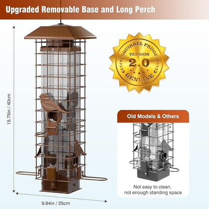 Squirrel-Proof Metal Bird Feeder with Removable Base, Weight-Activated Cage, Easy to Clean, Sturdy & Rust-Resistant, 3 lb Capacity, Outdoor Hanging Tube Bird Feeder for Cardinals & Finches