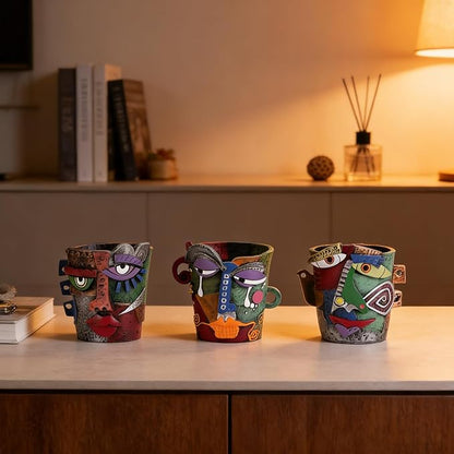 Funny Abstract Art Face Mini Planter Pots Set of 3, Unique & Colorful Hand-Painted Resin Succulent Pots for Indoor Decor, Shelf, Desk, Windowsill