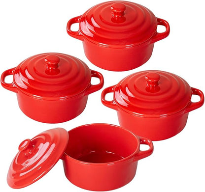 Mini Cocotte Set of 4, 15 oz Ceramic Mini Dutch Ovens with Lids and Handles, Small Casserole Dishes for Baking, Soufflé and Baked Desserts, Oven Microwave Dishwasher Safe, Red