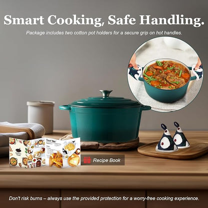 Overmont Enameled Cast Iron Dutch Oven - 7QT Pot with Lid Cookbook & Cotton Potholders - Heavy-Duty Cookware for Braising, Stews, Roasting, Sourdough Baking bottle green