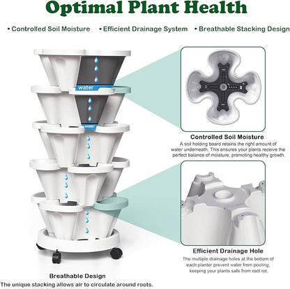 Strawberry Planters, 3 Tiered Vertical Stackable Planter, Herb Stacking Tower Garden, Flower Vegetable Planters with Support Pole, Indoor & Outdoor with Removable Wheels - White