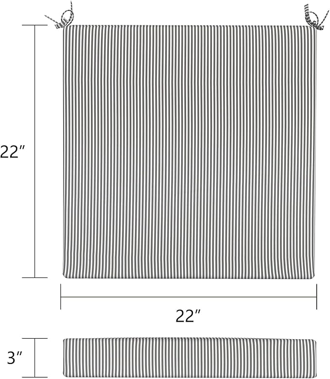 LVTXIII Outdoor Seat Cushions Seasonal Replacement Chair Cushions, Patio Chair Pads with Ties for Dining Chairs and Garden Furniture, Square Back, 22"x22"x3", 2 Pack, Strip Grey