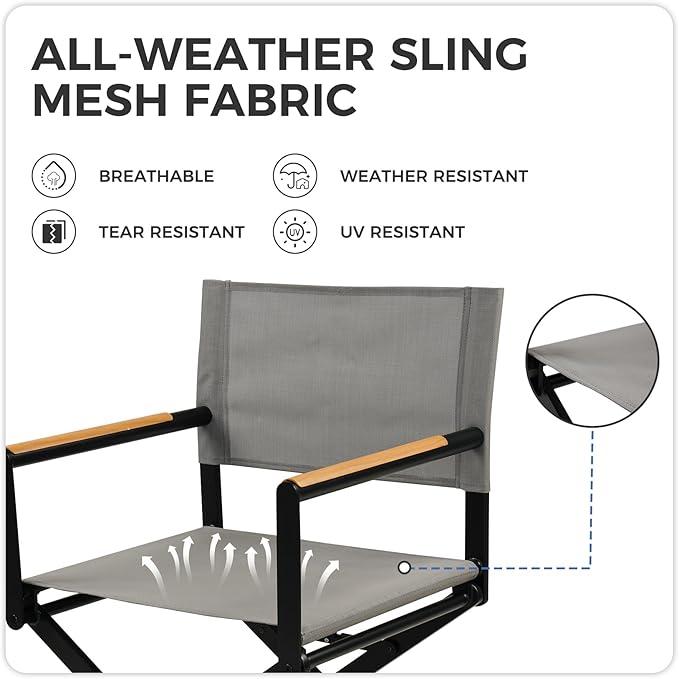 Grand patio Extra-Wide 2-Pack Directors Chairs, Folding Dining Chair Set of 2 with Sling, Woodgrain Armrests, Outdoor, Gray