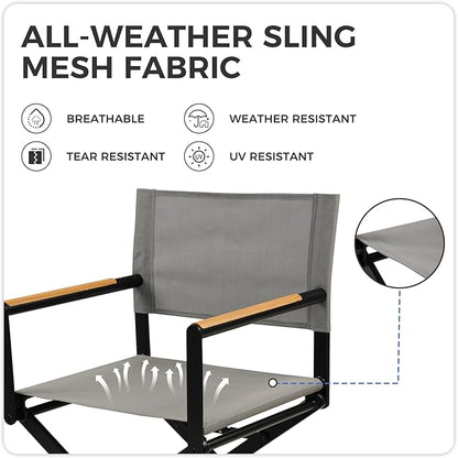Grand patio Extra-Wide 2-Pack Directors Chairs, Folding Dining Chair Set of 2 with Sling, Woodgrain Armrests, Outdoor, Gray